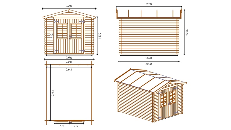Gartenhaus, Gerätehaus 7.38m2 - 2.46x3m - 19mm