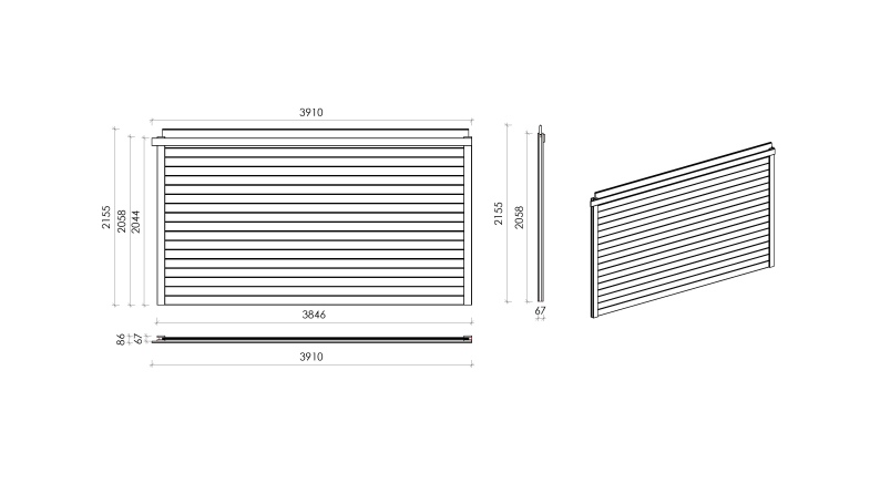 Wand für ein Gartenhaus, Pavillon 28 mm - 3.85xh.2.15 m - Imprägniert