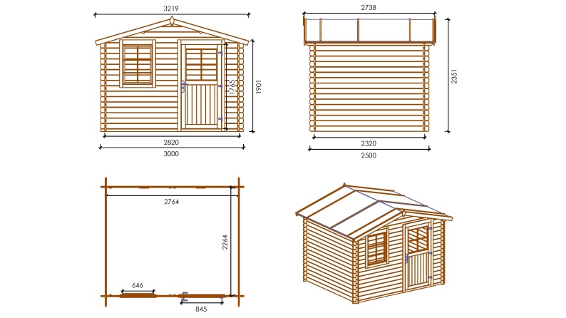 Gartenhaus, Gerätehaus – 3x2.5 m mit Anbau 3x2.26 m - 13.5 m²