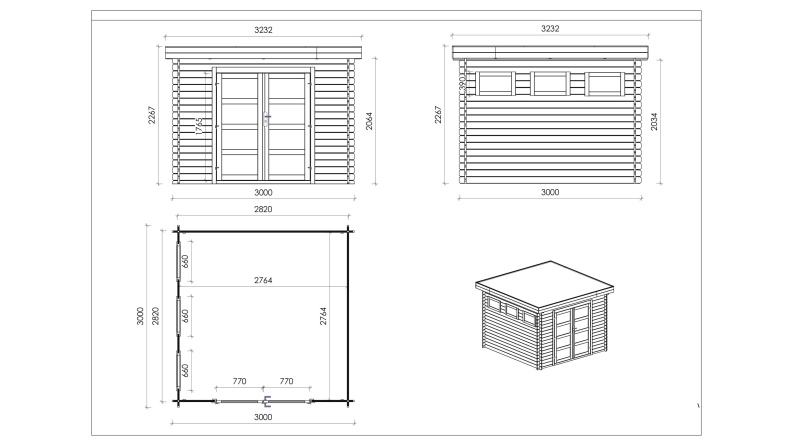 Gartenhaus, Gerätehaus 9m2 - 3x3m - 28mm - Imprägniert