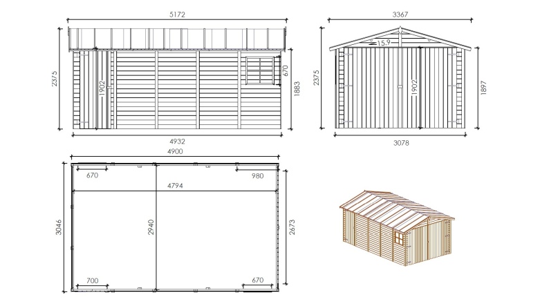 Autogarage aus Holz - 14.94m2 - 3.05x4.93m - 18mm