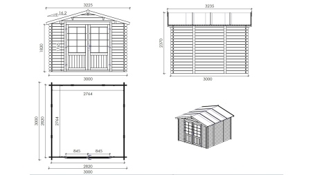 Gartenhaus, Gerätehaus 9m2 - 3x3m - 28mm