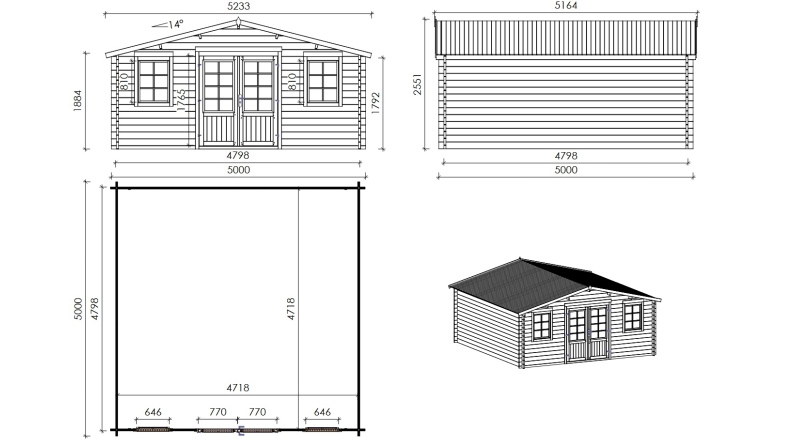 Gartenhaus, Gerätehaus 25m2 - 5x5m - 40mm - Imprägniert
