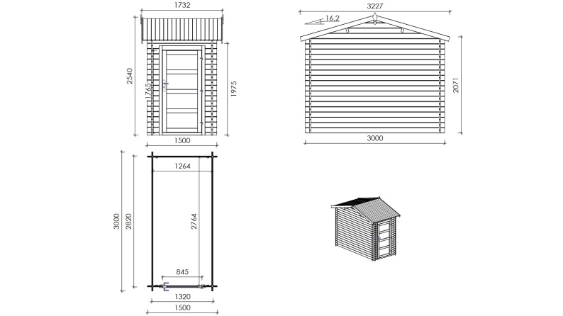 Gartenhaus, Gerätehaus – 1.5x3 m mit Anbau 1.5x2.76 m - 15.56 m² – Imprägniert