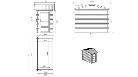 Gartenhaus, Gerätehaus – 1.5x3 m mit Anbau  4x2.76 m - 15.56 m² – Imprägniert