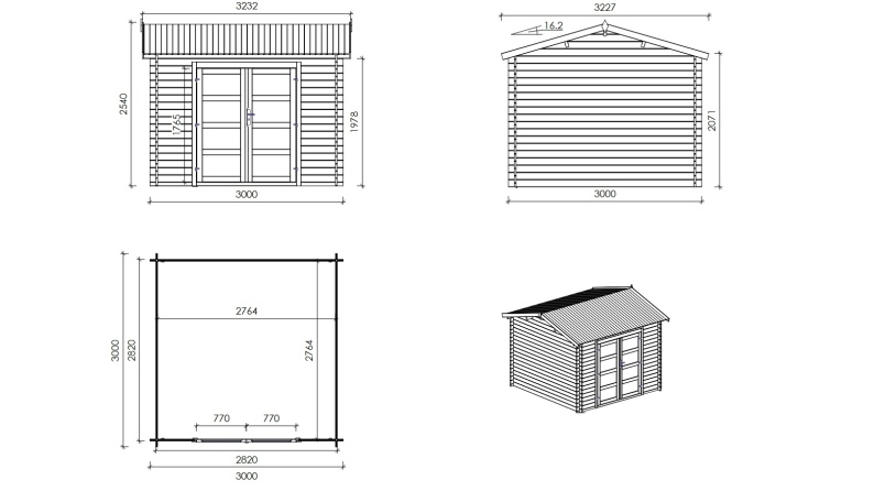 Gartenhaus, Gerätehaus – 3x3 m mit Anbau  4x2.76 m - 20 m² – Imprägniert