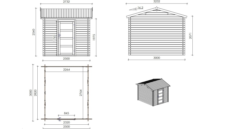 Gartenhaus, Gerätehaus – 2.5x3 m mit Anbau  4x2.76 m - 18.56 m² – Imprägniert