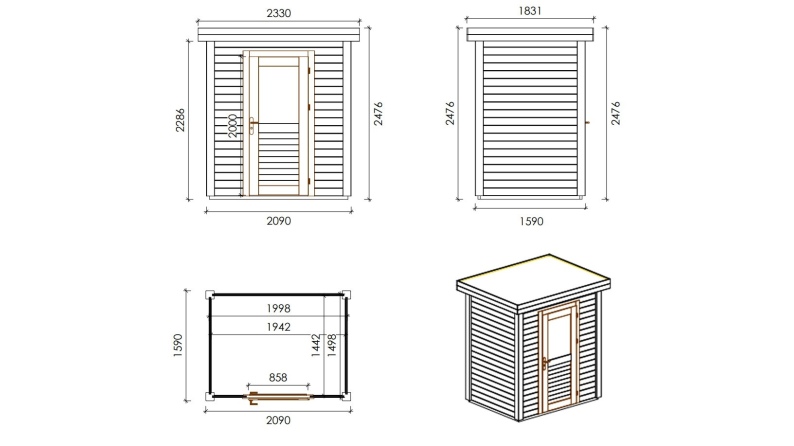 Gartenhaus, Gerätehaus  2.09x1.59m - 3.32m2 - 28mm - Imprägniert