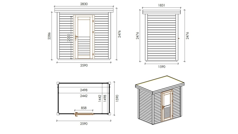Gartenhaus, Gerätehaus Rava 2.59x1.59m - 4.12m2 - 28mm - Imprägniert