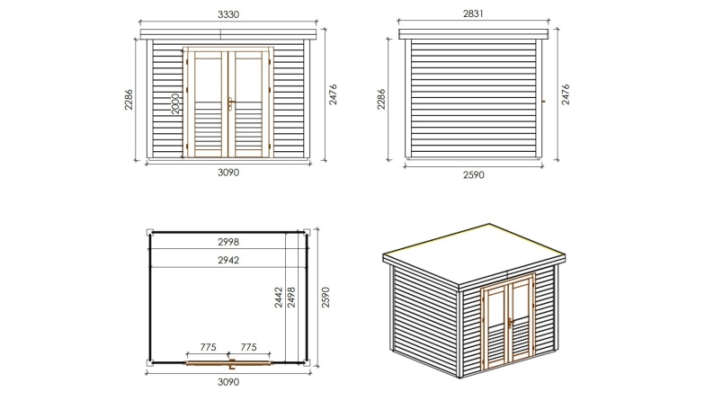Gartenhaus, Gerätehaus  3.09x2.59m - 8m2 - 28mm - Imprägniert
