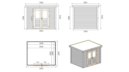 Gartenhaus, Gerätehaus Aura 3.09x2.59m - 8m2 - 28mm - Imprägniert