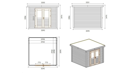 Gartenhaus, Gerätehaus  3.09x3.09m - 9.55m2 - 28mm - Imprägniert