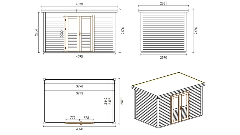 Gartenhaus, Gerätehaus  4.09x2.59m - 10.59m2 - 28mm - Imprägniert