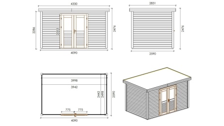 Gartenhaus, Gerätehaus  4.09x2.59m - 10.59m2 - 28mm - Imprägniert