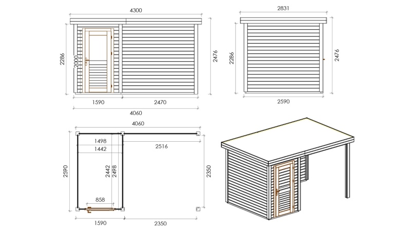 Gartenhaus, Gerätehaus Mira 4.06x2.59m - 10.51m2 - 28mm - Imprägniert