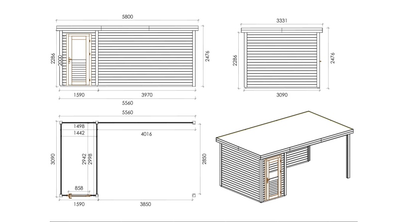 Gartenhaus, Gerätehaus Mira 1.59x3.09m - 17.18m2 - 28mm - Imprägniert