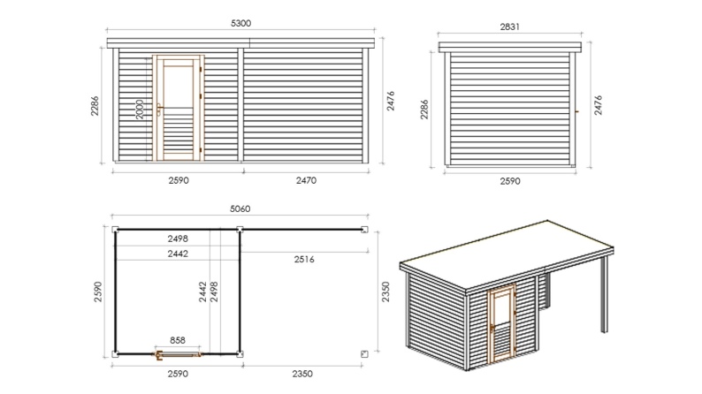 Gartenhaus, Gerätehaus Rava 5.06x2.59m - 13.1m2 - 28mm - Imprägniert