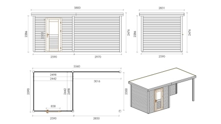Gartenhaus, Gerätehaus Rava 2.59x2.59m - 14.4m2 - 28mm - Imprägniert