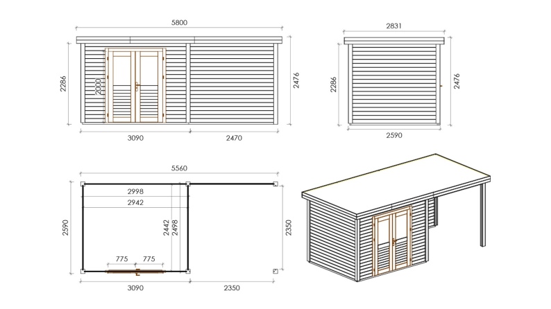 Gartenhaus, Gerätehaus Aura 5.56x2.59m - 14.4m2 - 28mm - Imprägniert