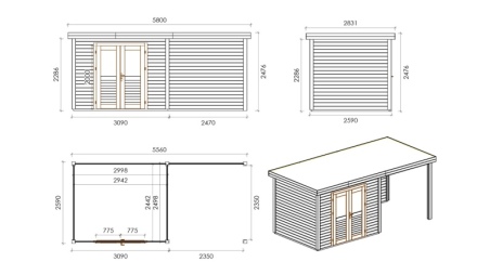 Gartenhaus, Gerätehaus Aura 5.56x2.59m - 14.4m2 - 28mm - Imprägniert