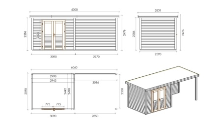 Gartenhaus, Gerätehaus Aura 6.06x2.59m - 15.7m2 - 28mm - Imprägniert