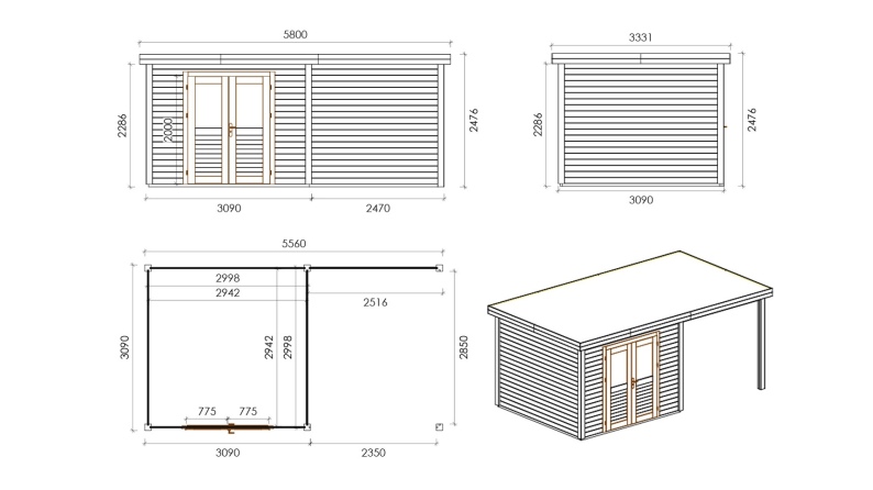 Gartenhaus, Gerätehaus Aura 5.56x3.09m - 17.18m2 - 28mm - Imprägniert