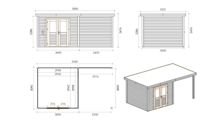 Gartenhaus, Gerätehaus Aura 3.09x3.09m - 17.18m2 - 28mm - Imprägniert