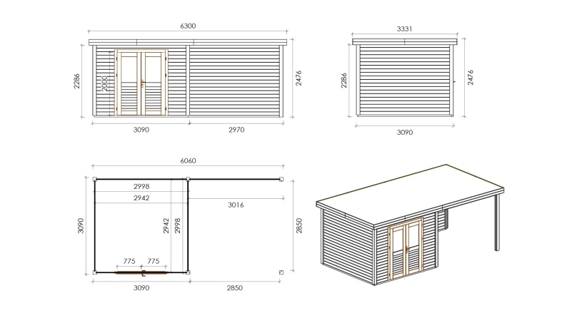 Gartenhaus, Gerätehaus Aura 3.09x3.09m - 18.72m2 - 28mm - Imprägniert