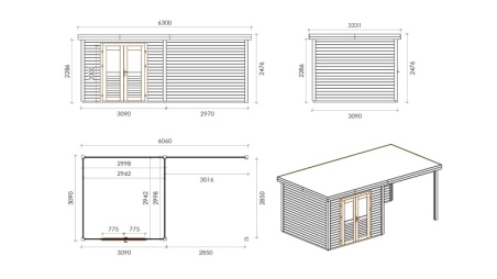 Gartenhaus, Gerätehaus Aura 3.09x3.09m - 18.72m2 - 28mm - Imprägniert