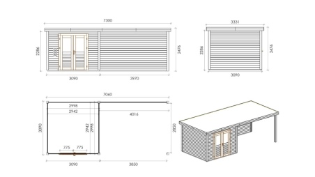 Gartenhaus, Gerätehaus Aura 3.09x3.09m - 21.81m2 - 28mm - Imprägniert
