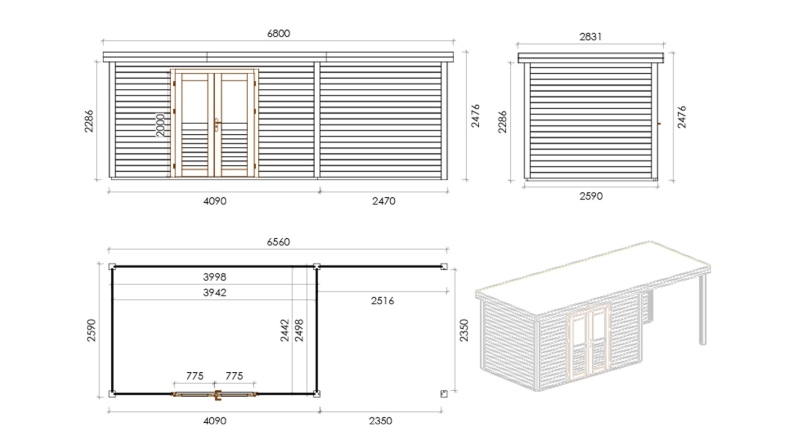 Gartenhaus, Gerätehaus Freya 4.09x2.59m - 17m2 - 28mm - Imprägniert