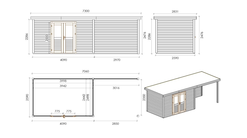 Gartenhaus, Gerätehaus Freya 7.6x2.59m - 18.28m2 - 28mm - Imprägniert
