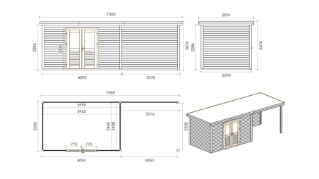 Gartenhaus, Gerätehaus Freya 7.6x2.59m - 18.28m2 - 28mm - Imprägniert