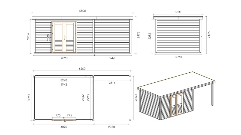 Gartenhaus, Gerätehaus Freya 6.56x3.09m - 20.27m2 - 28mm - Imprägniert