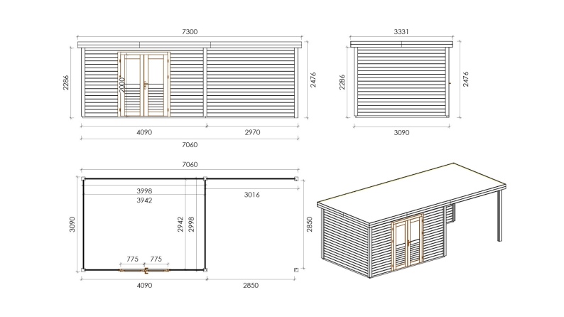 Gartenhaus, Gerätehaus Freya 4.09x3.09m - 21.81m2 - 28mm - Imprägniert