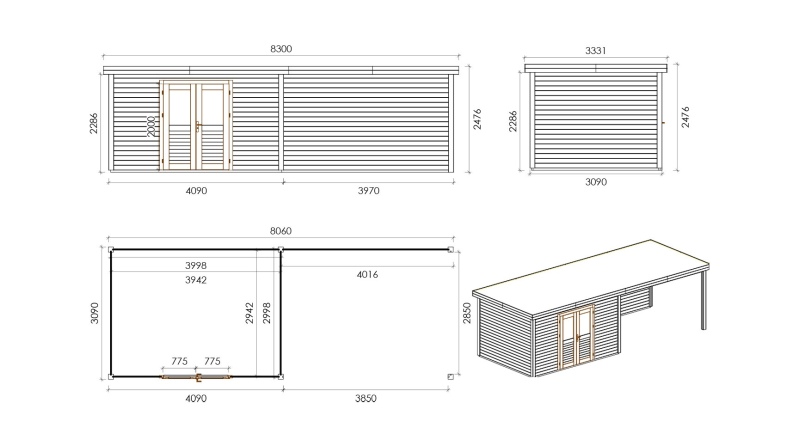 Gartenhaus, Gerätehaus Freya 8.06x3.09m - 24.9m2 - 28mm - Imprägniert
