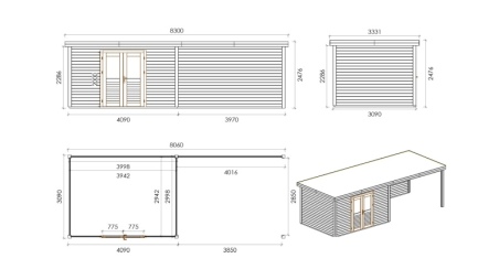 Gartenhaus, Gerätehaus Freya 8.06x3.09m - 24.9m2 - 28mm - Imprägniert