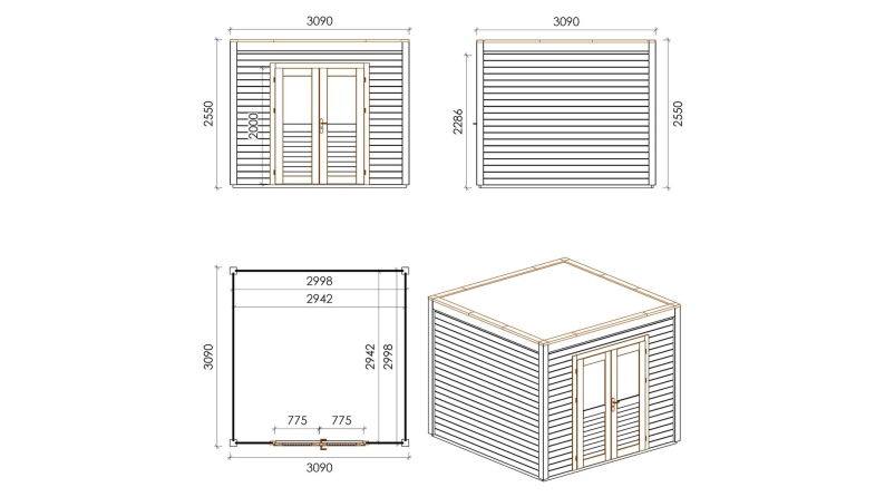 Gartenhaus, Gerätehaus Sora 3.09x3.09m - 9.55m2 - 28mm - Imprägniert
