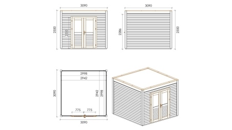 Gartenhaus, Gerätehaus Sora 3.09x3.09m - 9.55m2 - 28mm - Imprägniert