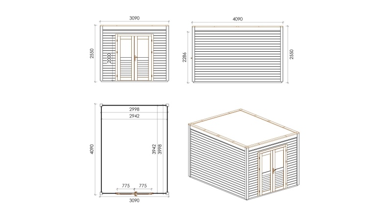 Gartenhaus, Gerätehaus Sora 3.09x4.09m - 12.64m2 - 28mm - Imprägniert