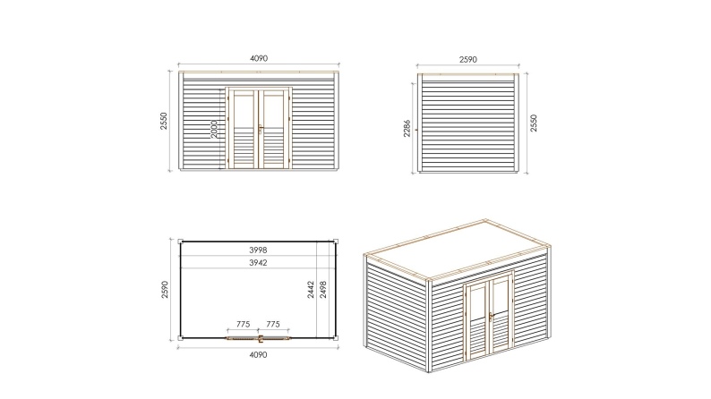 Gartenhaus, Gerätehaus Nova 4.09x2.59m - 10.59m2 - 28mm - Imprägniert