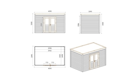 Gartenhaus, Gerätehaus Nova 4.09x2.59m - 10.59m2 - 28mm - Imprägniert