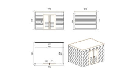 Gartenhaus, Gerätehaus Nova 4.09x3.09m - 12.64m2 - 28mm - Imprägniert