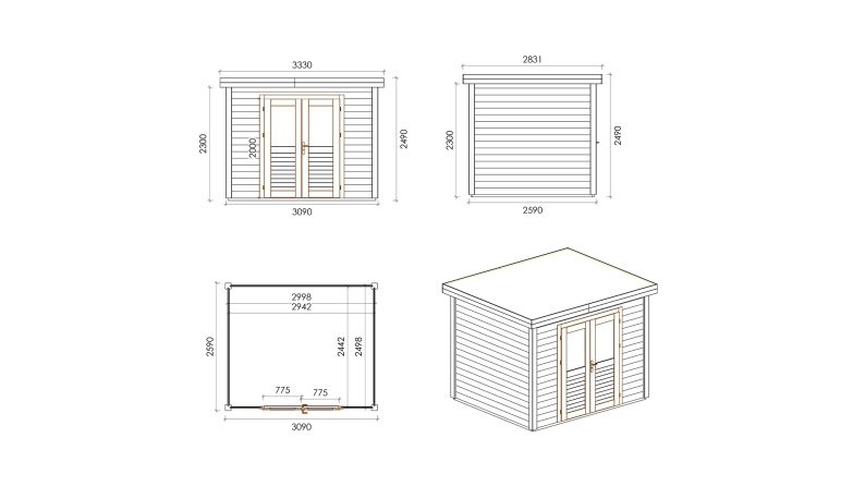 Gartenhaus, Gerätehaus Aura 3.09x2.59m - 8m2 - 28mm - Imprägniert