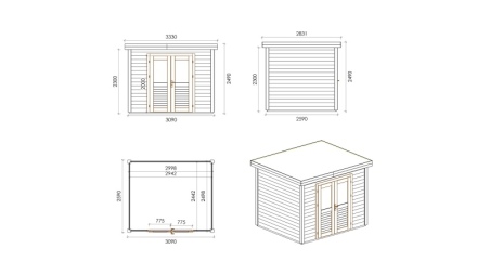 Gartenhaus, Gerätehaus Aura 3.09x2.59m - 8m2 - 28mm - Imprägniert