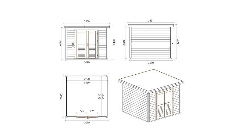 Gartenhaus, Gerätehaus Aura 3.09x3.09m - 9.55m2 - 28mm - Imprägniert