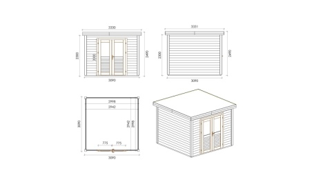 Gartenhaus, Gerätehaus Aura 3.09x3.09m - 9.55m2 - 28mm - Imprägniert