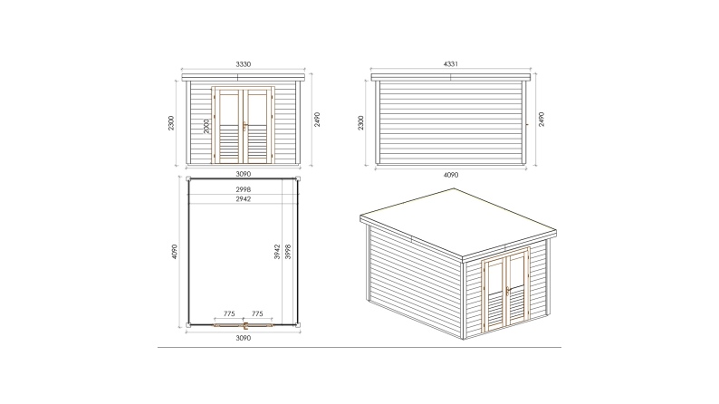Gartenhaus, Gerätehaus Aura 3.09x4.09m - 12.64m2 - 28mm - Imprägniert