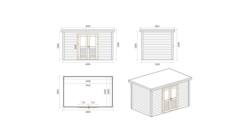 Gartenhaus, Gerätehaus Freya 4.09x2.59m - 10.59m2 - 28mm - Imprägniert
