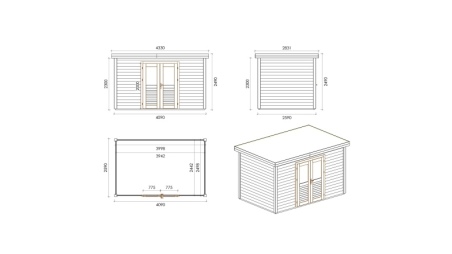 Gartenhaus, Gerätehaus Freya 4.09x2.59m - 10.59m2 - 28mm - Imprägniert